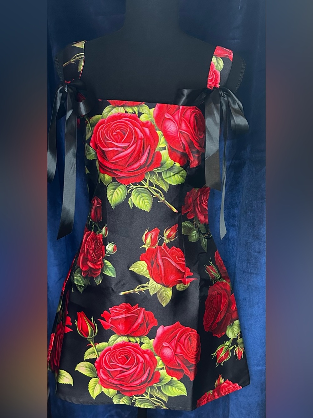 Black Mini Dress with Bold Red Rose Print and Satin Shoulder Ties